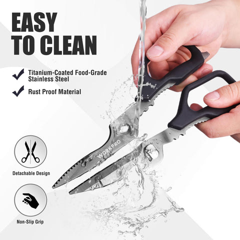 WORKPRO scissors featuring built-in nutcracker and bottle opener for quick prep.