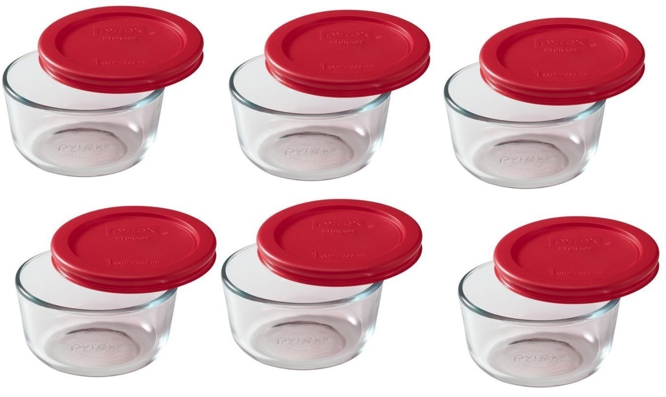 World Kitchen Pyrex 1-cup storage dish with red lid, ideal for meal prep and leftovers