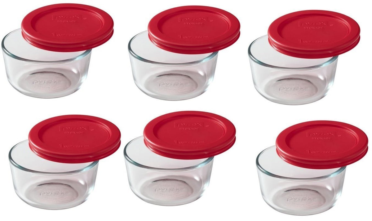 World Kitchen Pyrex 1-cup storage dish with red lid, ideal for meal prep and leftovers