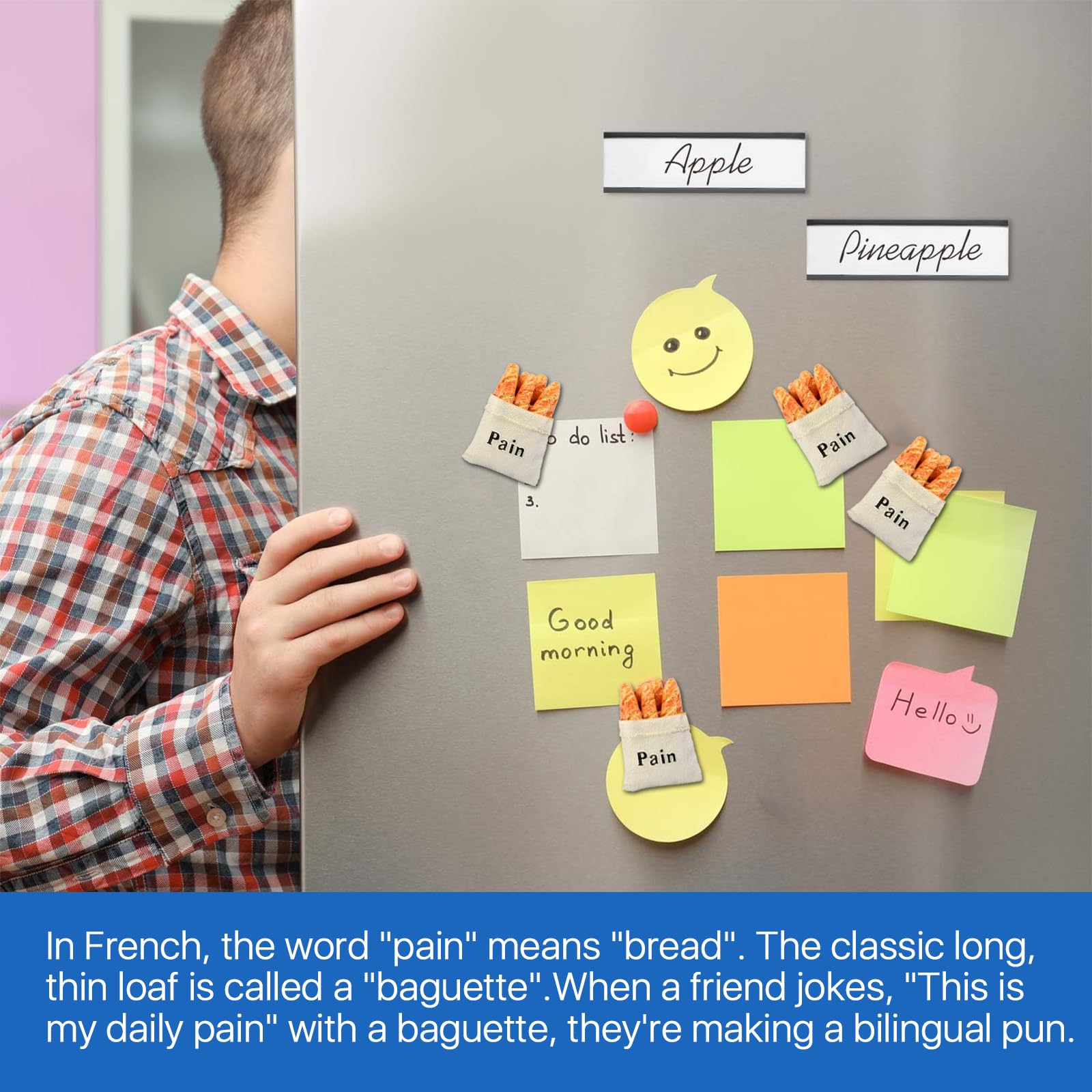 Worldity cute-food magnets on a magnetic whiteboard add color and quick reminders