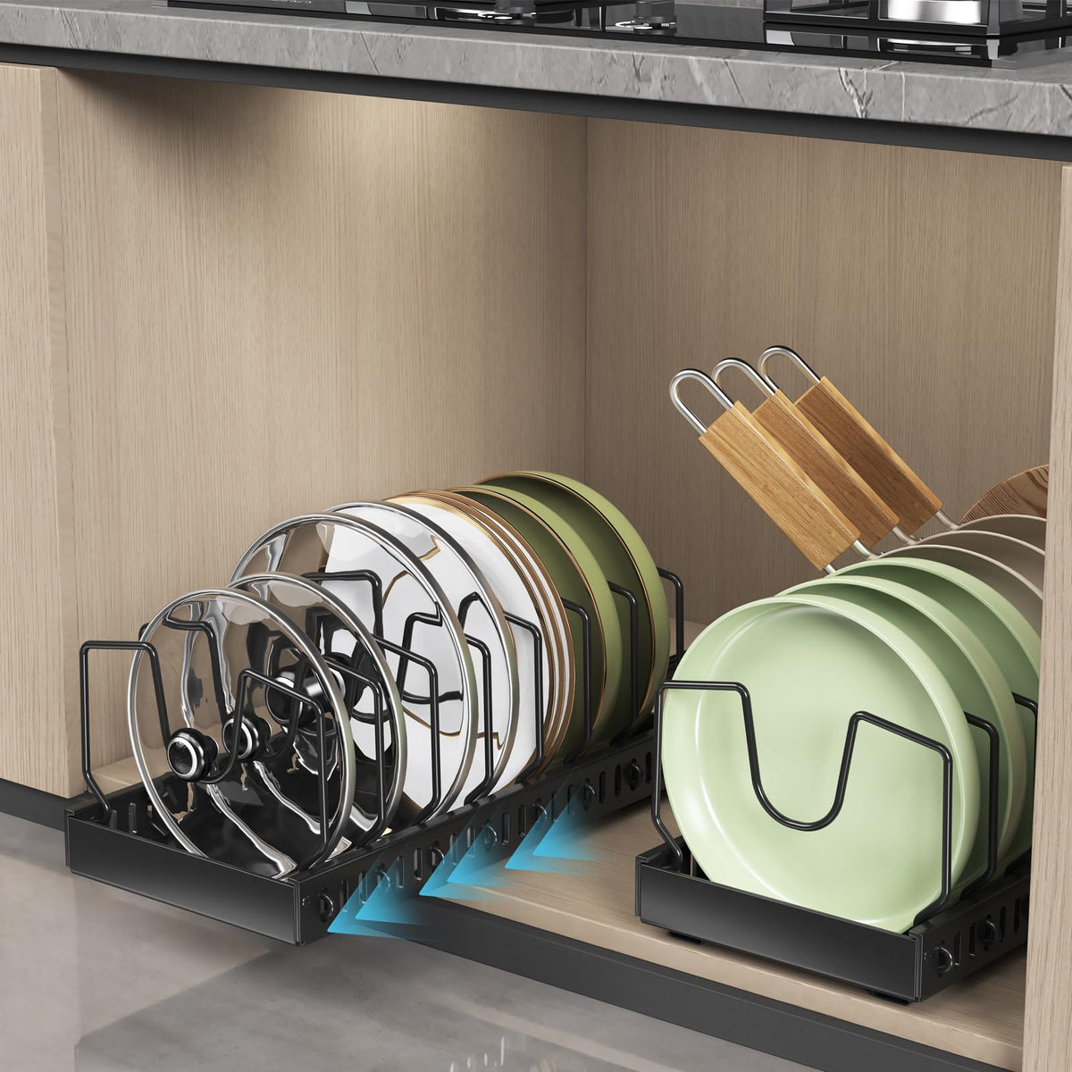 WOSHEN pot lid organizer in a cabinet to save space and keep lids accessible.