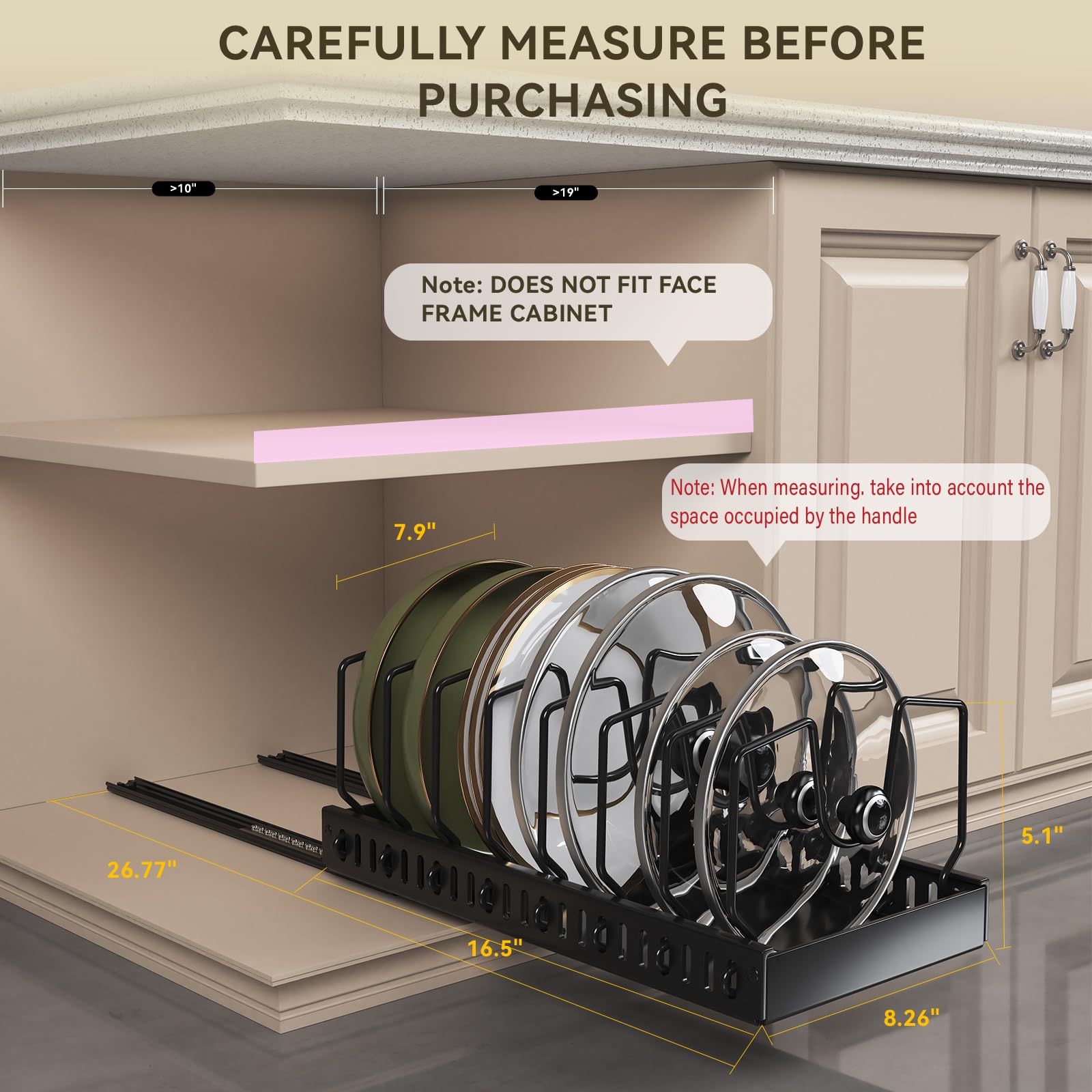 WOSHEN under-cabinet pull-out rails keep pots and lids within reach.