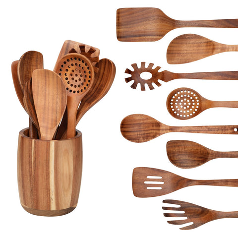 WOSPONFAN teak utensils set in natural finish, durable and eco-friendly for everyday cooking.
