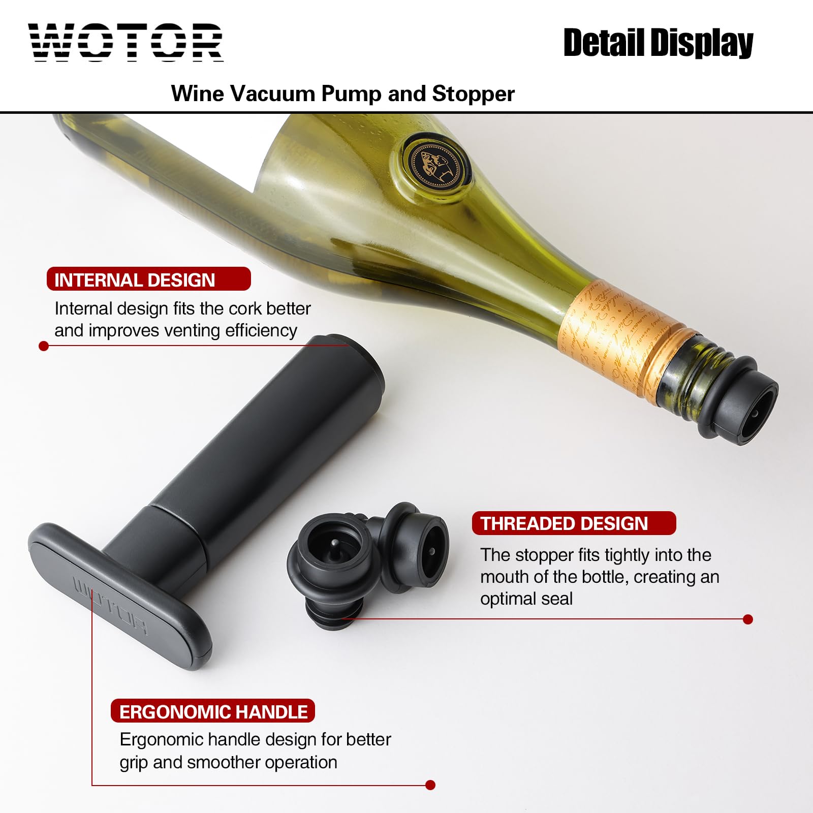 WOTOR airtight seal bottle demonstrates air removal for extended wine life.