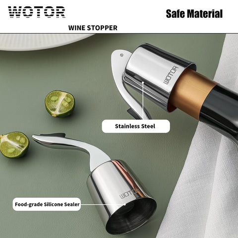 Two pack WOTOR wine stoppers in silver for everyday or party use