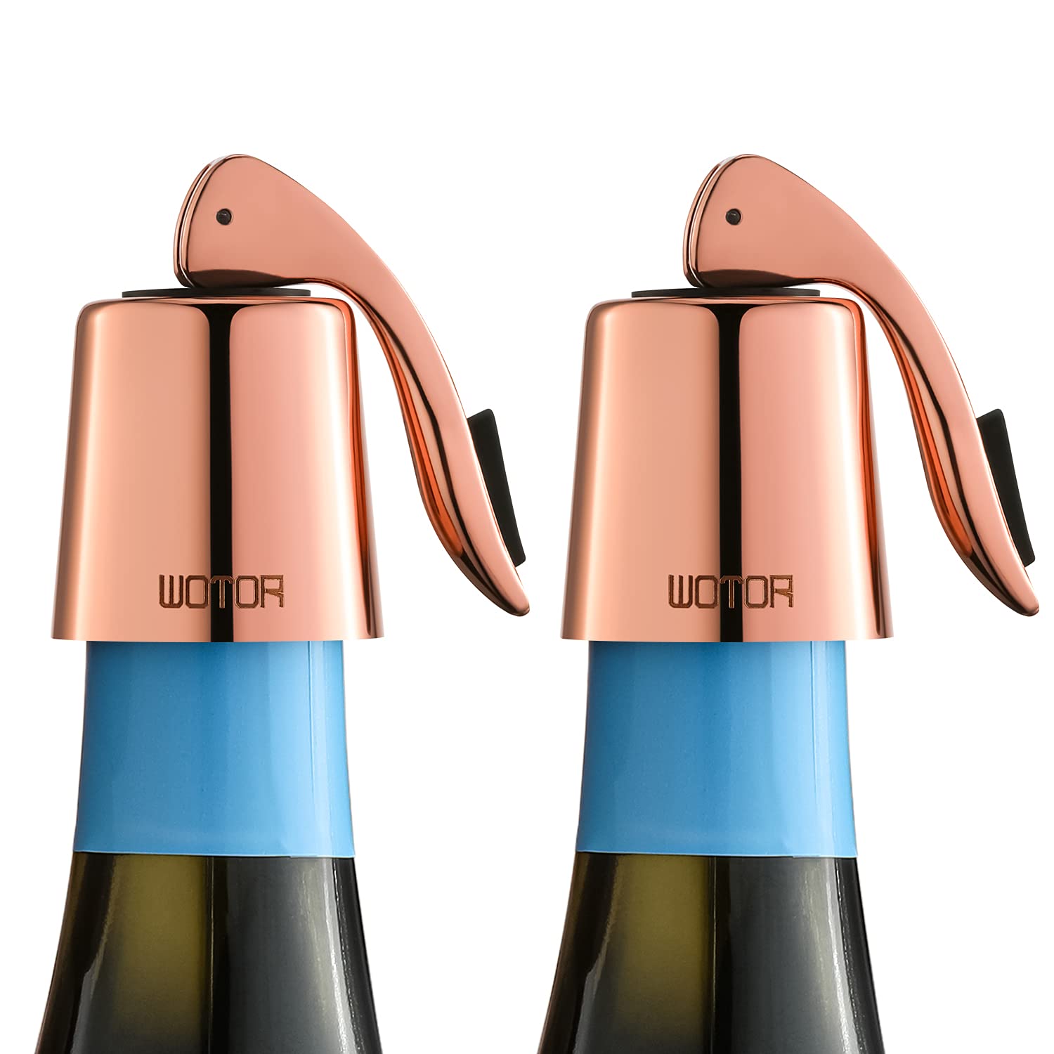 WOTOR rose gold stainless steel wine stopper, two-pack, sleek and reusable.