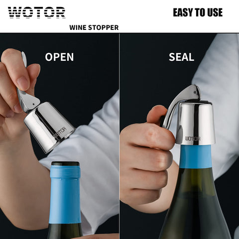 WOTOR stopper demonstrating compatibility with standard red and white bottles