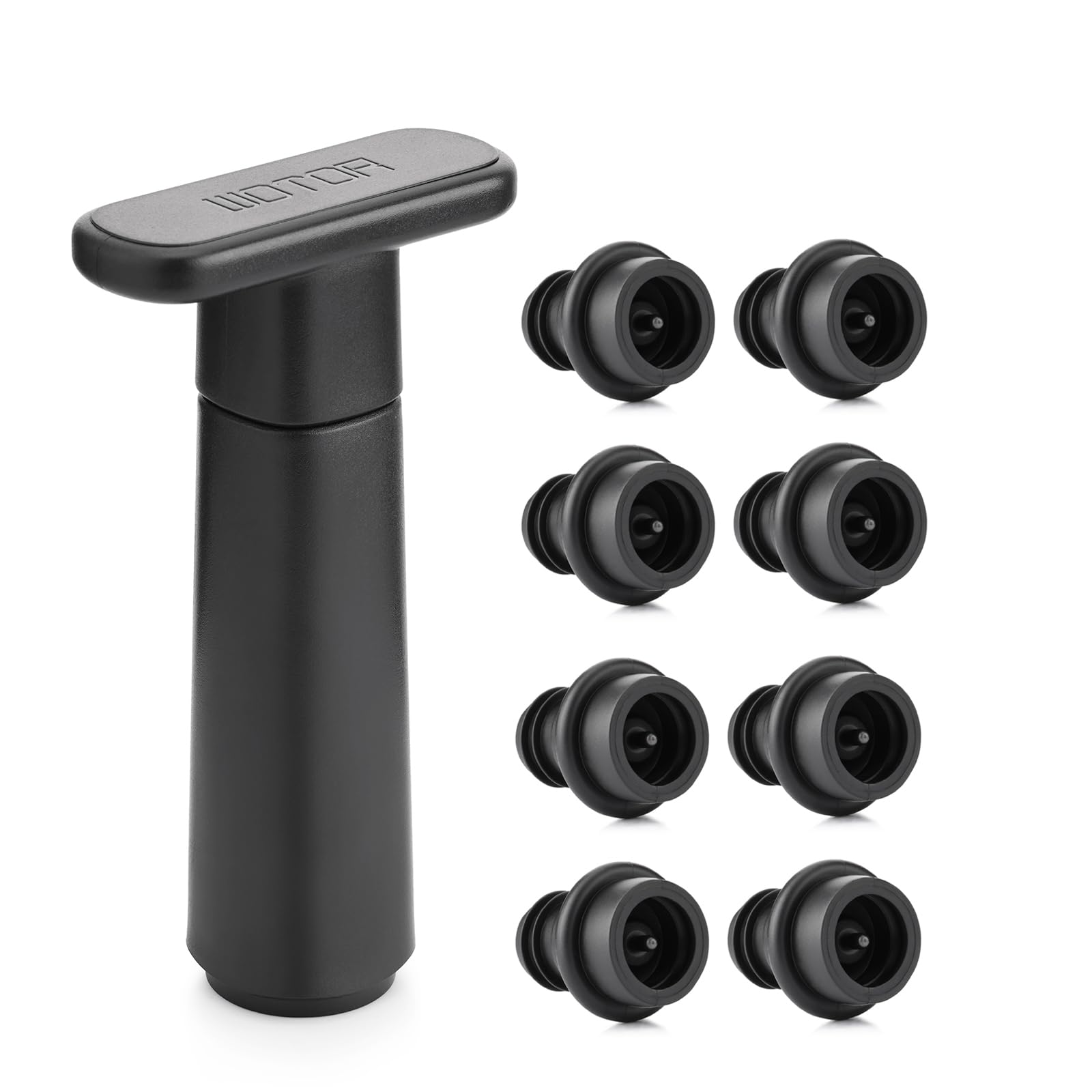 WOTOR wine saver pump with bottle focus, creates airtight seal to keep wine fresh longer.