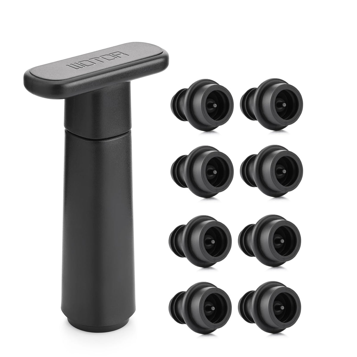 WOTOR wine saver pump with bottle focus, creates airtight seal to keep wine fresh longer.