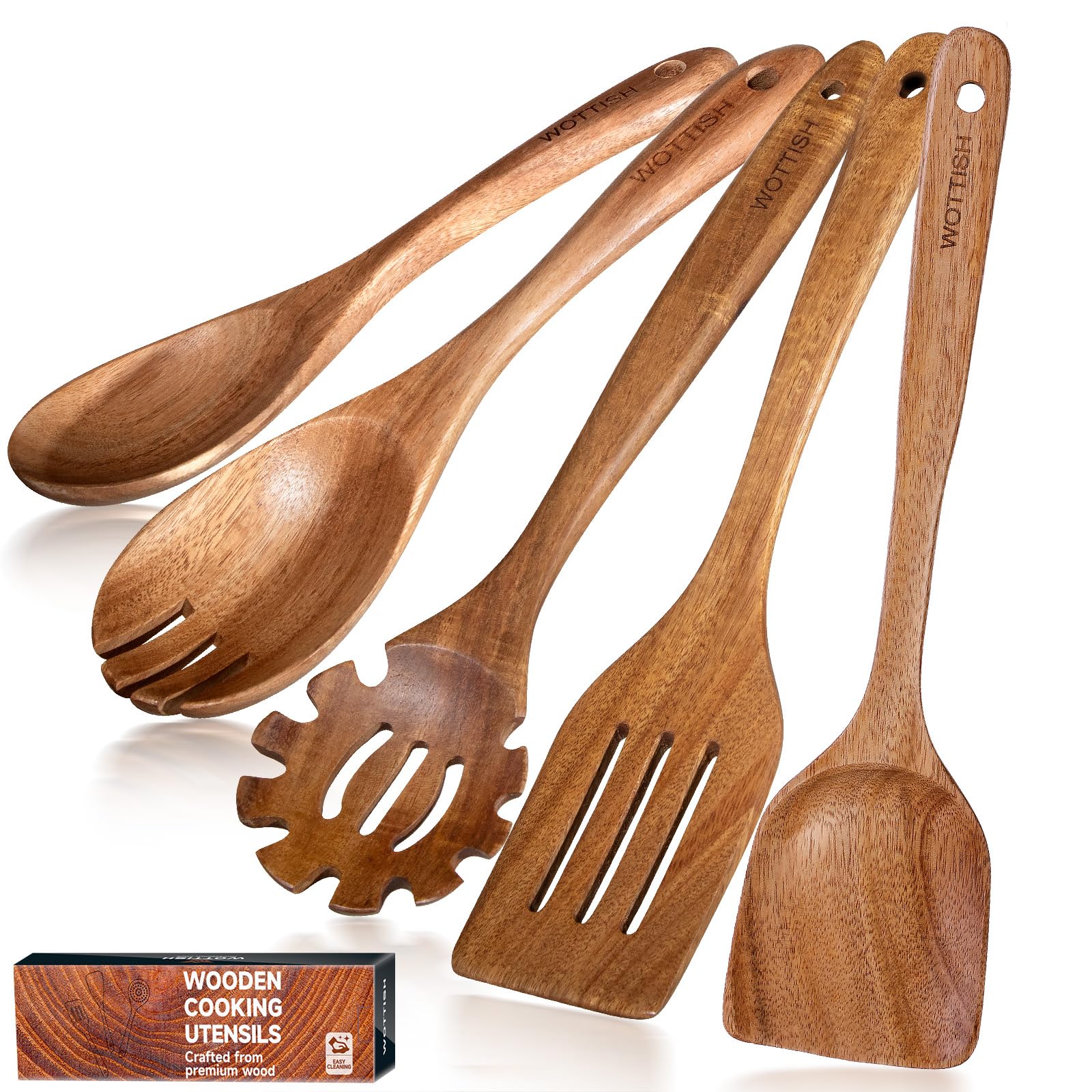 WOTTISH wooden spoons set 5-piece, durable utensils for everyday cooking and stirring.