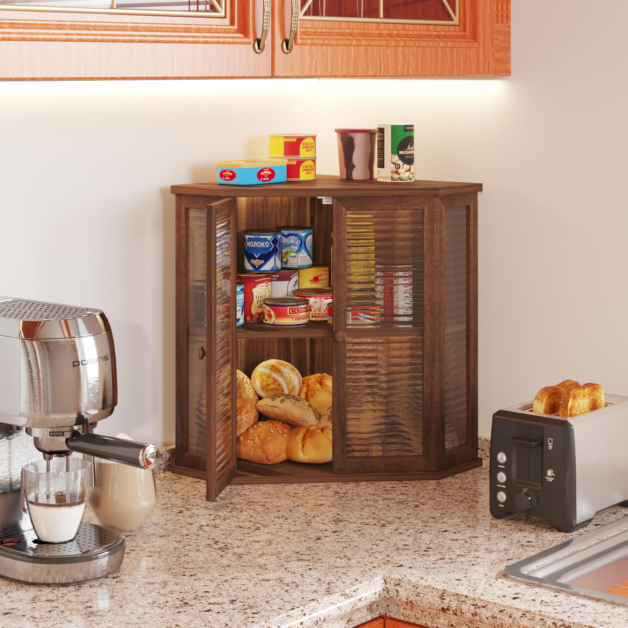 WouZglk corner-mounted bread box on counter demonstrates efficiency