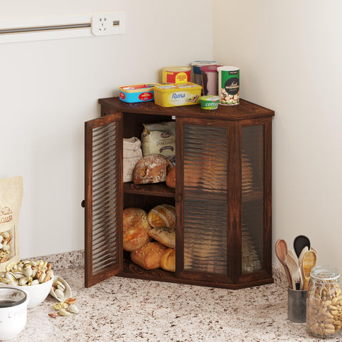 WouZglk kitchen scene with corner bread box styled in farmhouse decor