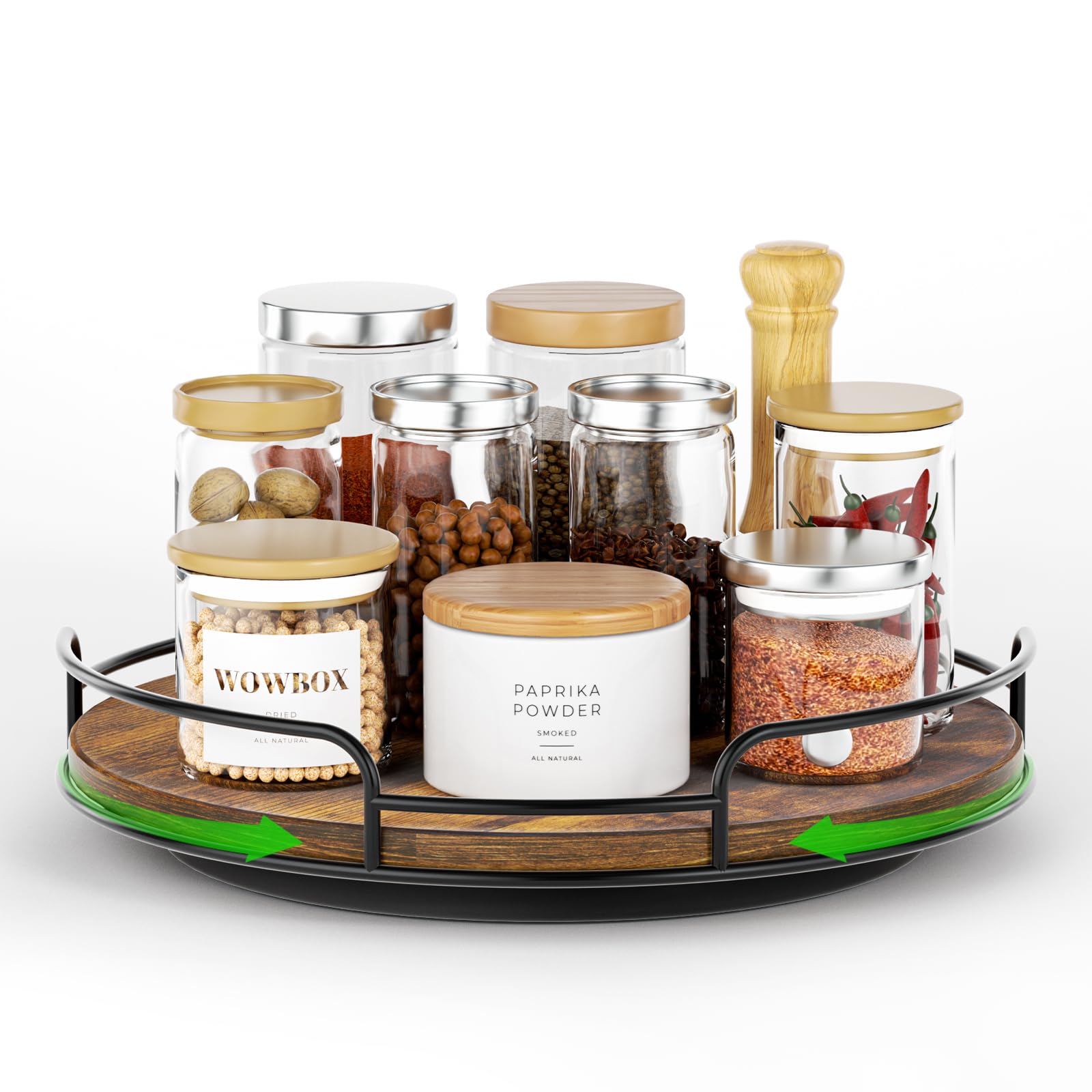 WOWBOX 10-Inch Lazy Susan top view shows smooth 360° rotation for easy access.