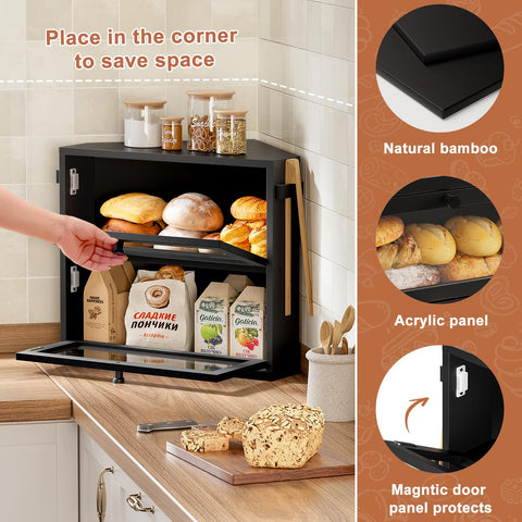 WOWLIVE bread box with magnetic lock and wooden handle for secure access