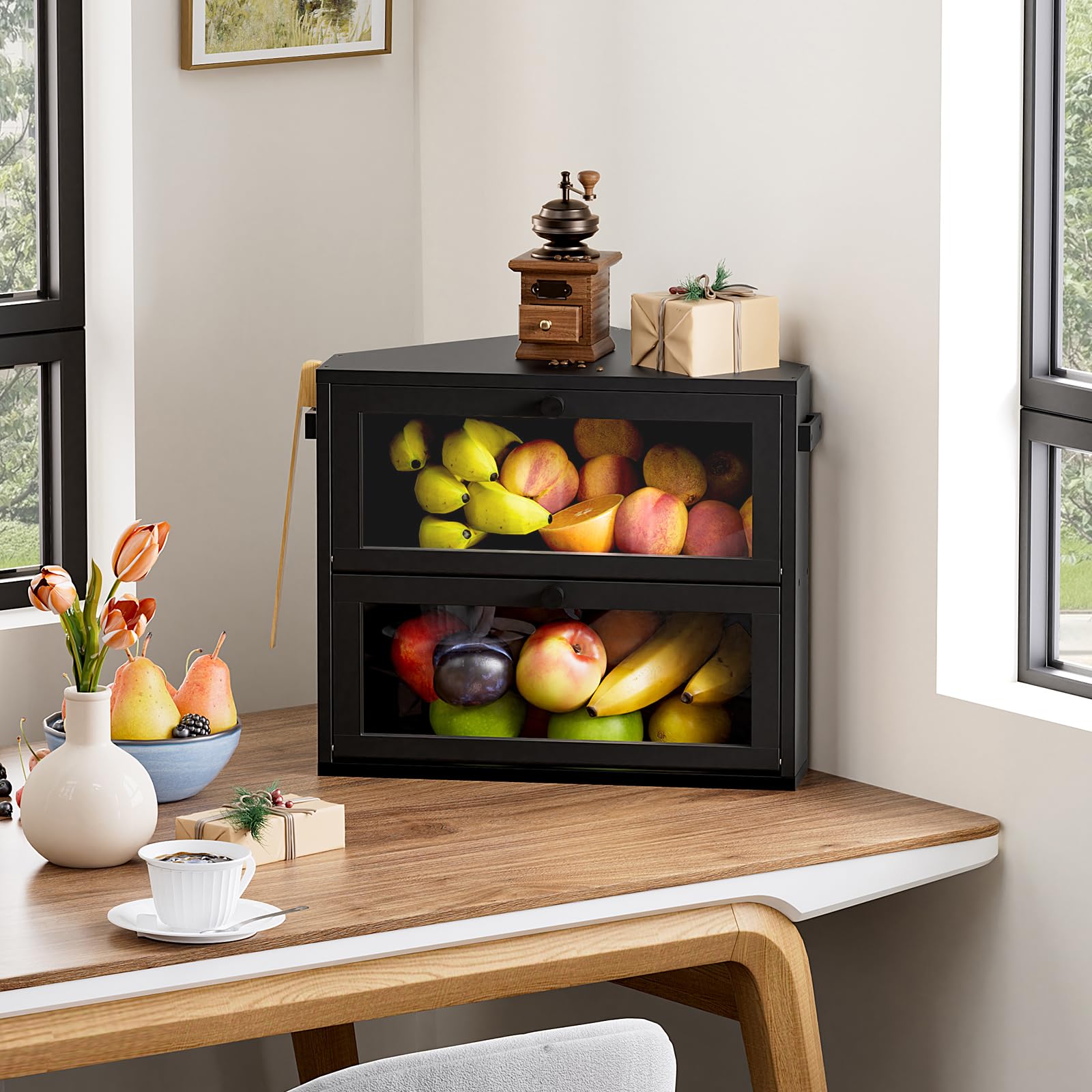 WOWLIVE under-cabinet bread box usage illustrating organized counter space
