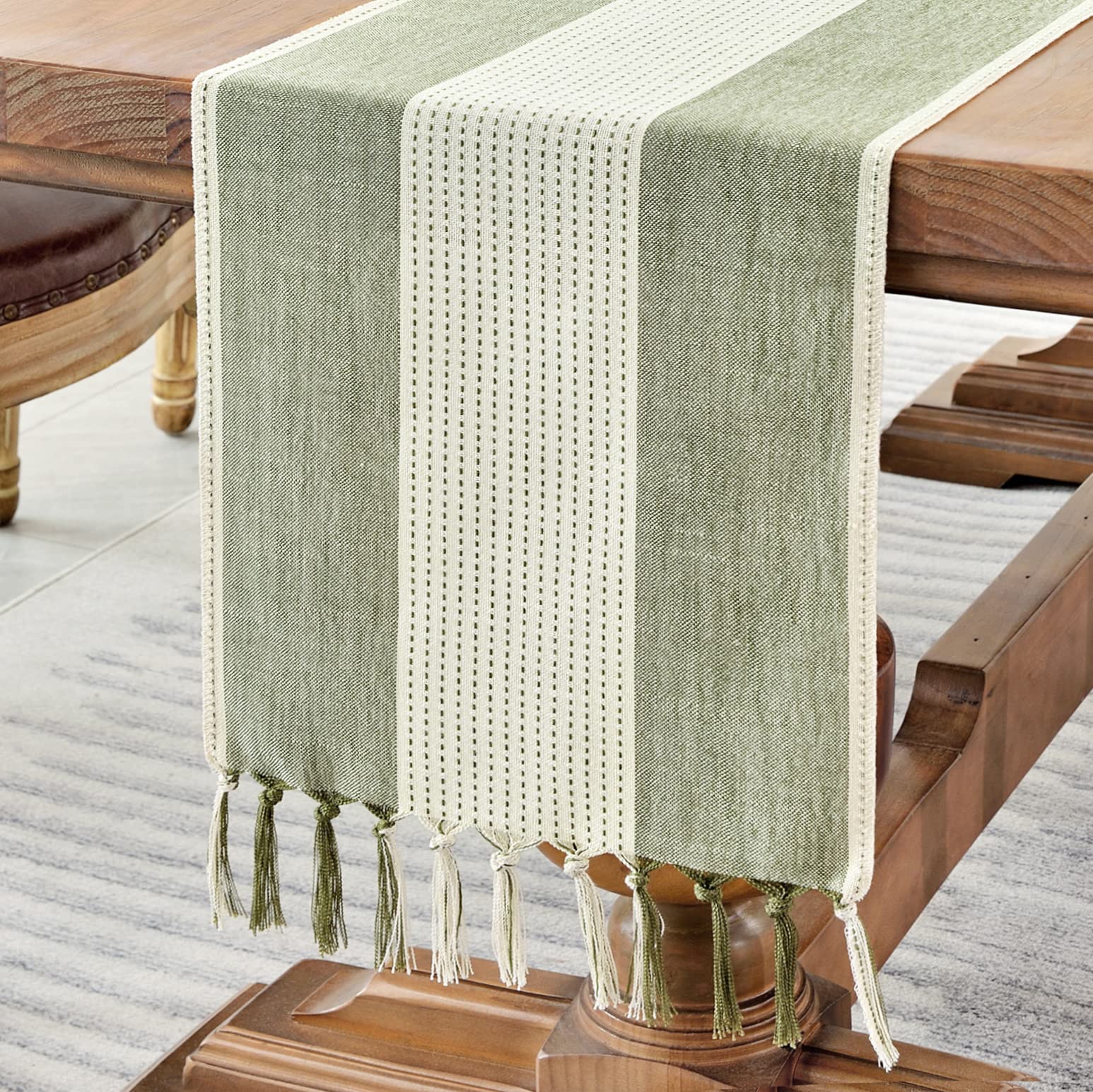 Wracra linen table runner in sage green adds timeless elegance to dining table decor