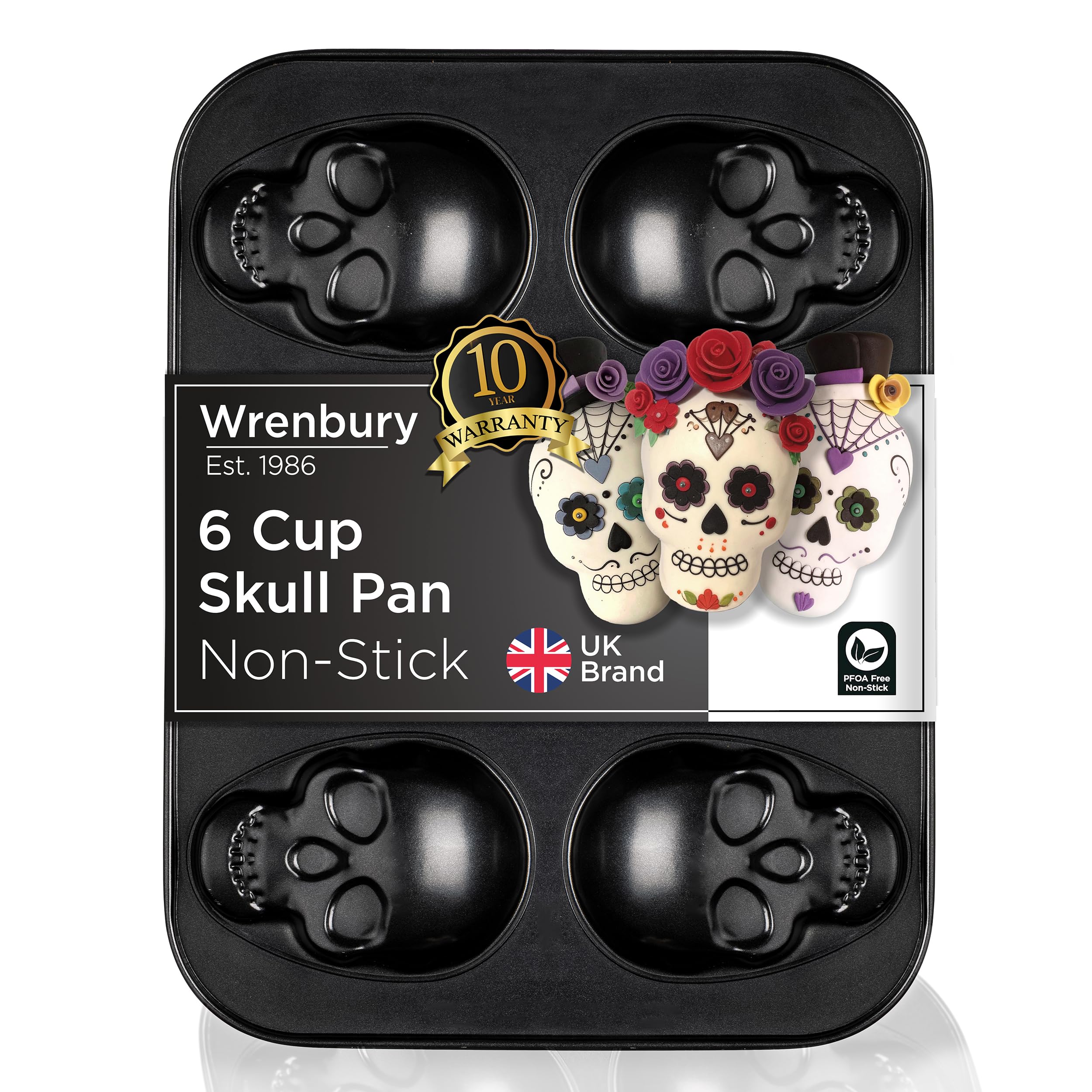 Wrenbury large skull baking pan top view, ideal for spooky cupcakes.