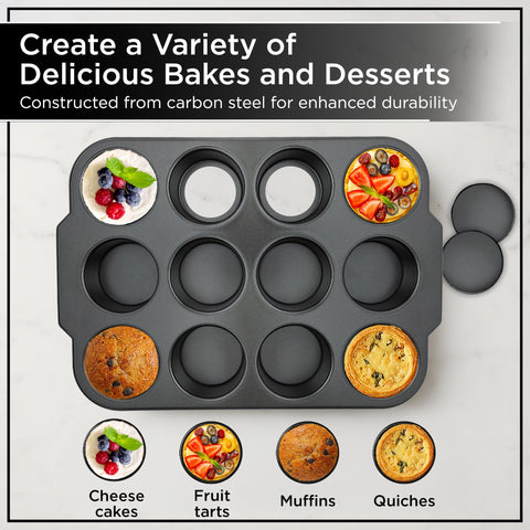Wrenbury Pro Mini Cheesecake Pans heavy gauge steel for even heat.