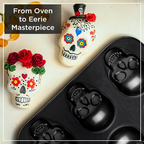 Wrenbury skull cakelette pan used for cakelets and mini pizzas in celebrations.