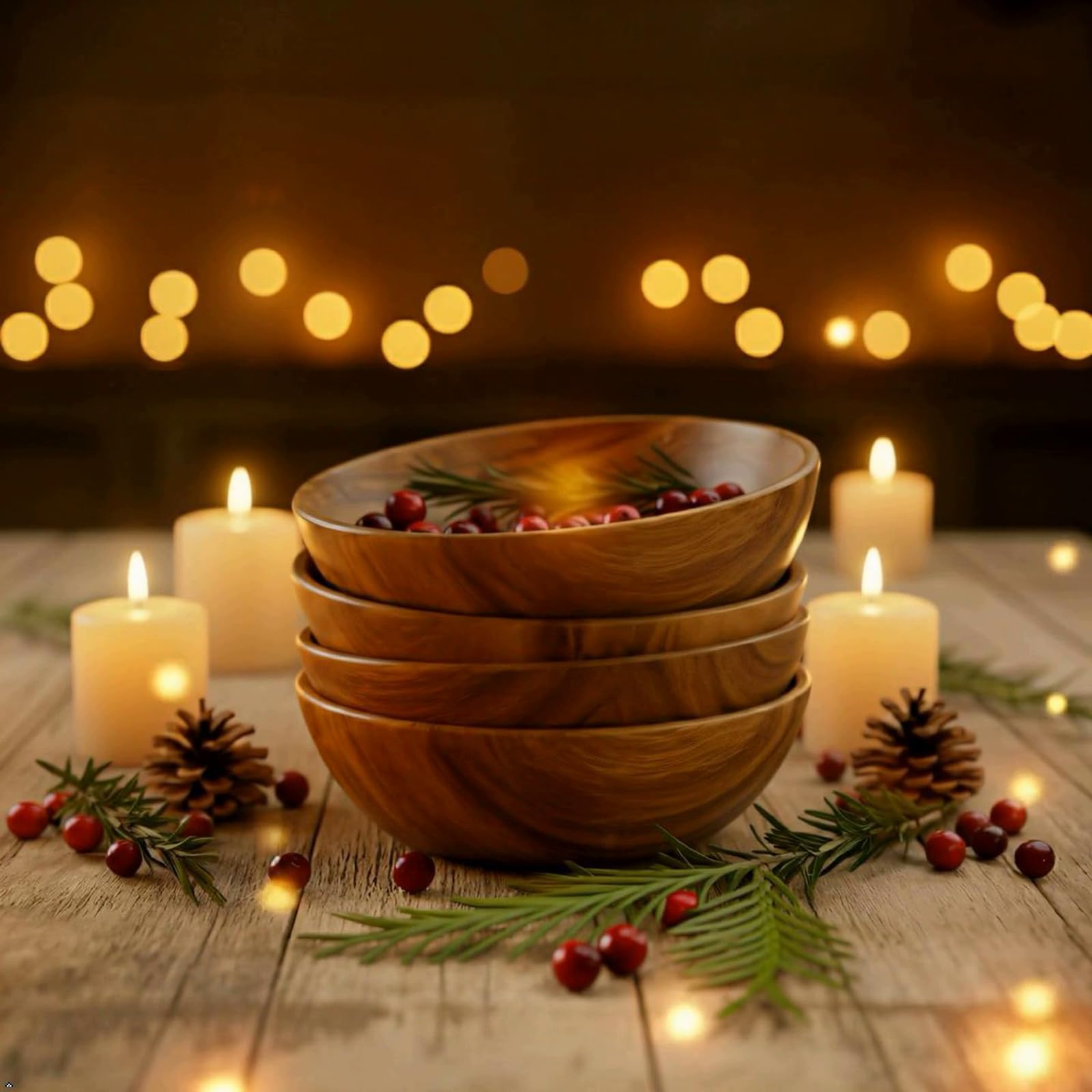 WRIGHTMART stackable acacia bowls demonstrating easy transport