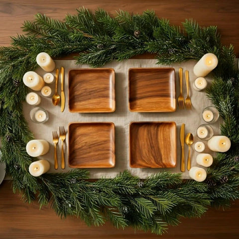 WRIGHTMART wooden plates showcase unique Acacia grain in charcuterie spreads.