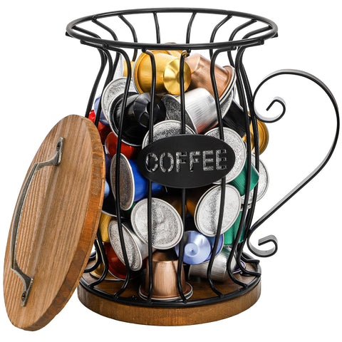WRINGKIT rustic coffee pod holder with lid on countertop enhances organization.