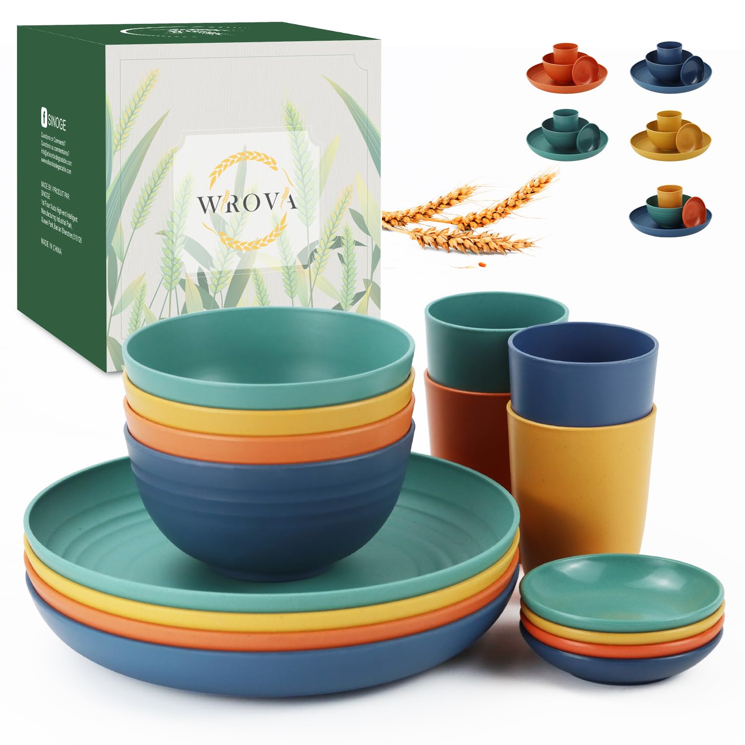 Wrova 16pc wheat straw dinnerware set for kids, durable and easy to clean.