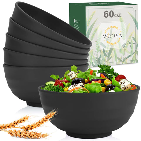 Wrova black wheat straw bowls, 60oz, set of six, ideal for everyday meals