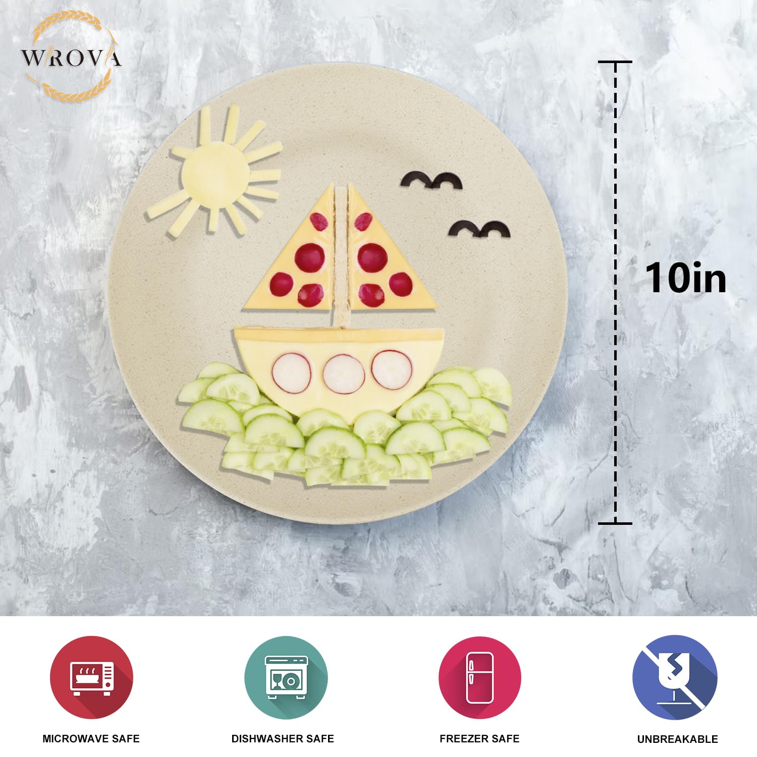 Wrova wheat straw dinner plate texture close-up highlights slip-resistant surface for meals.