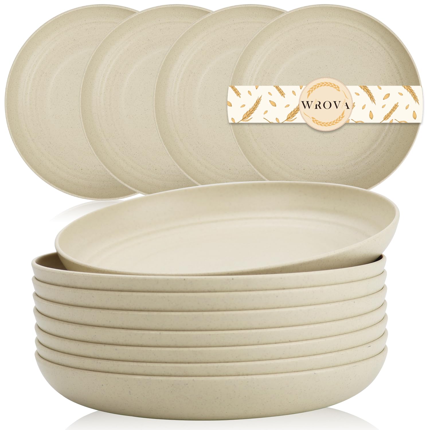 Wrova 8-inch wheat straw plates set in beige for everyday meals.