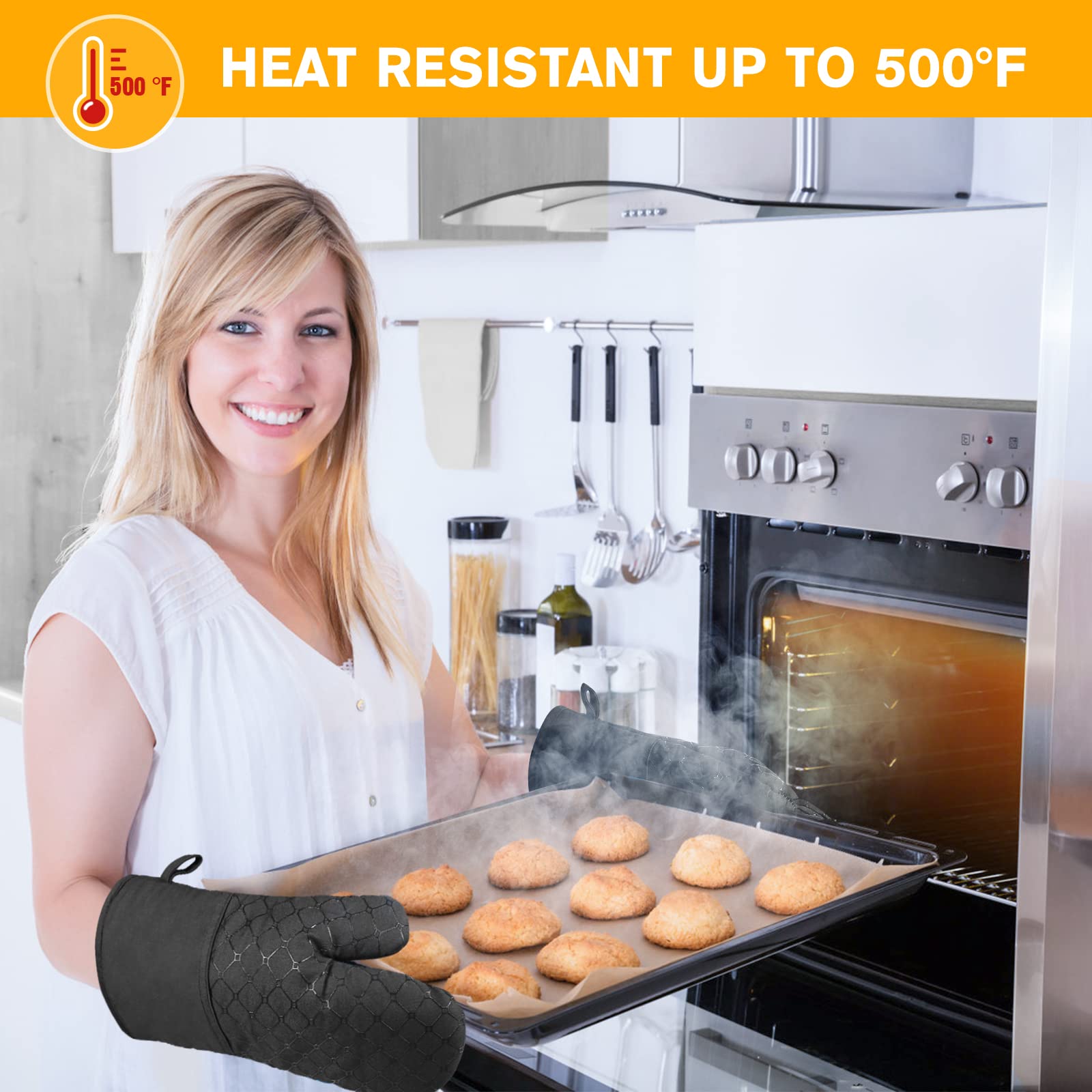 Wsedor 13-inch oven mitts provide heat resistance up to 500°F for safe handling.