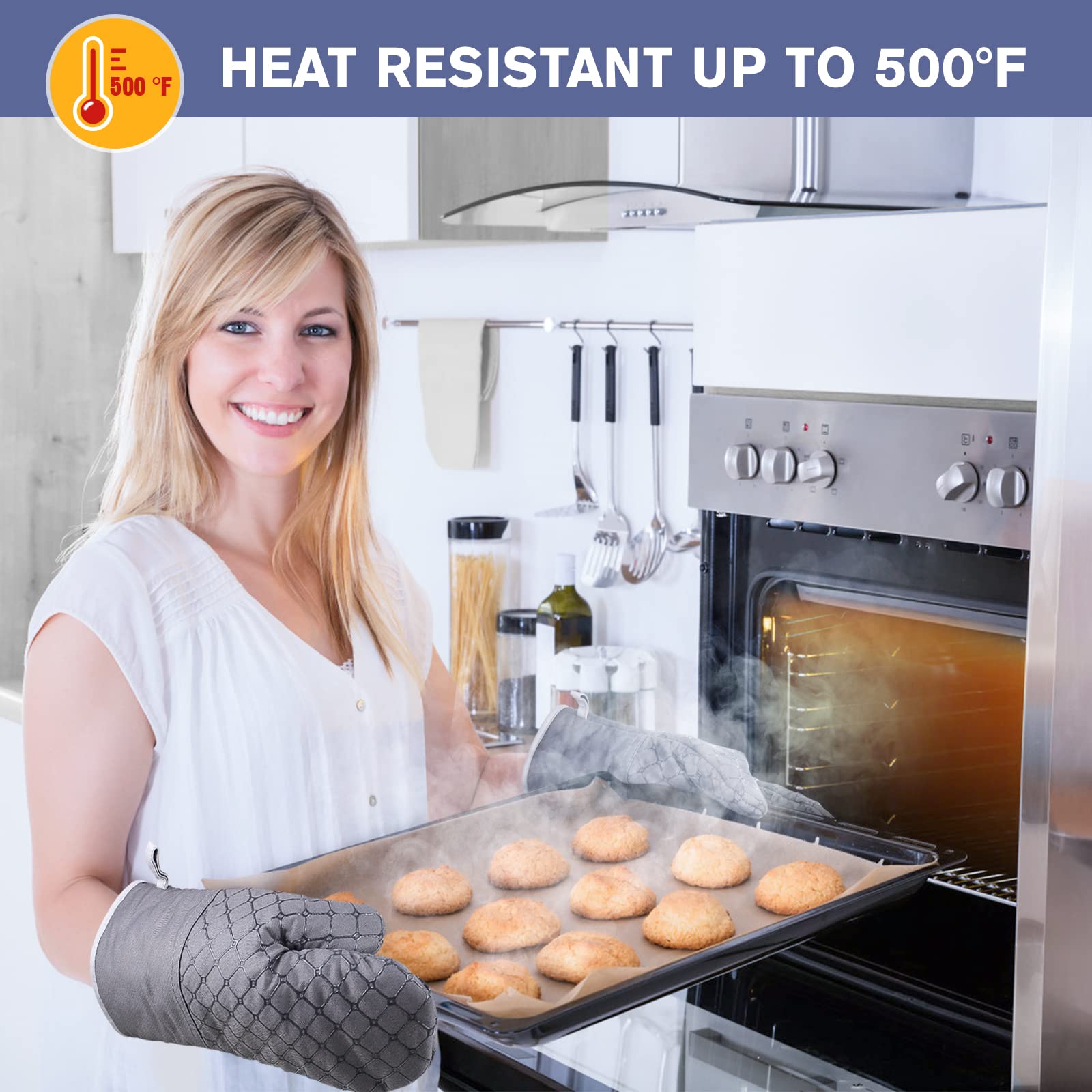 WSedor oven mitts show 13-inch length with heat resistance up to 500°F