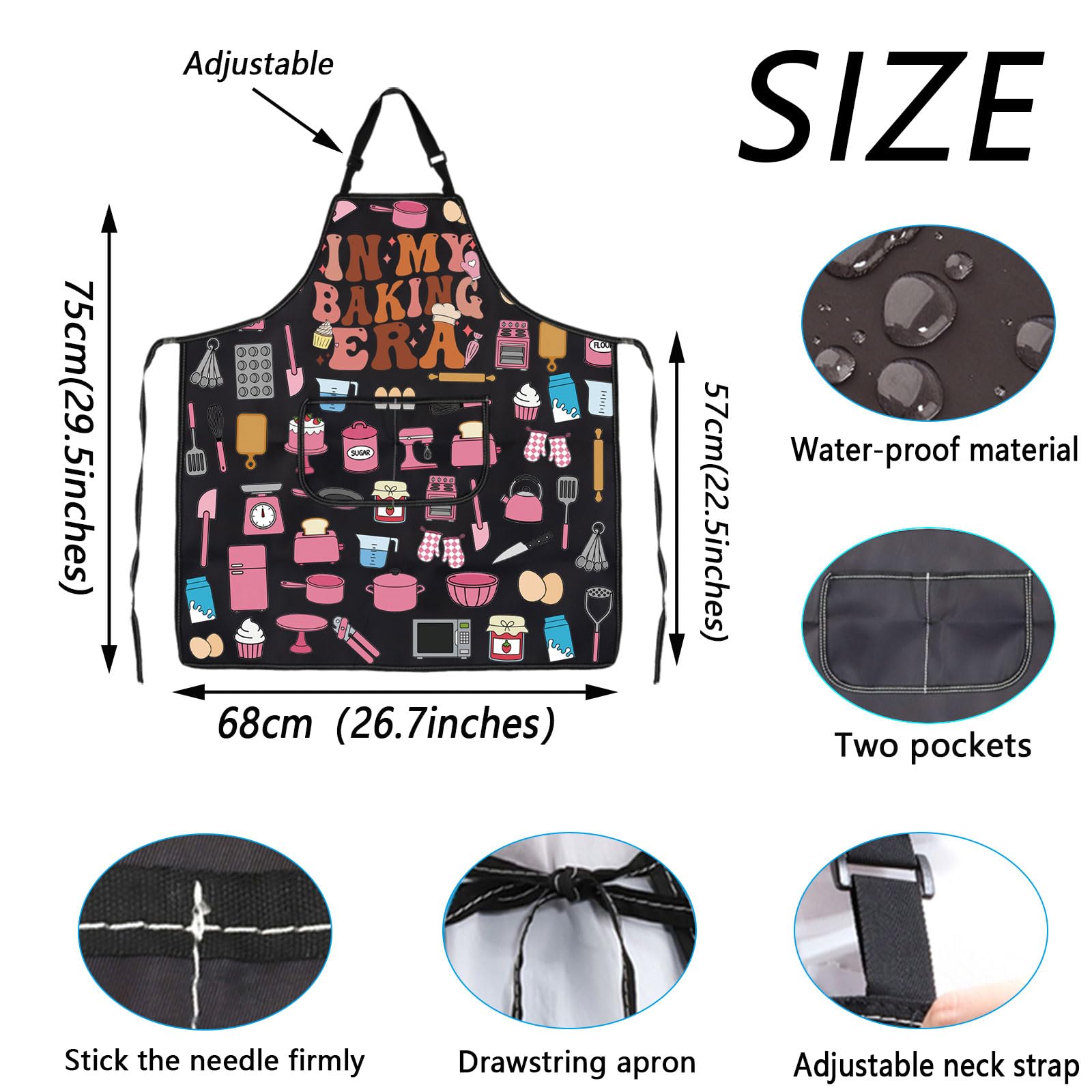WSNANG Baking Era Apron measures 75 by 68 cm for most users.