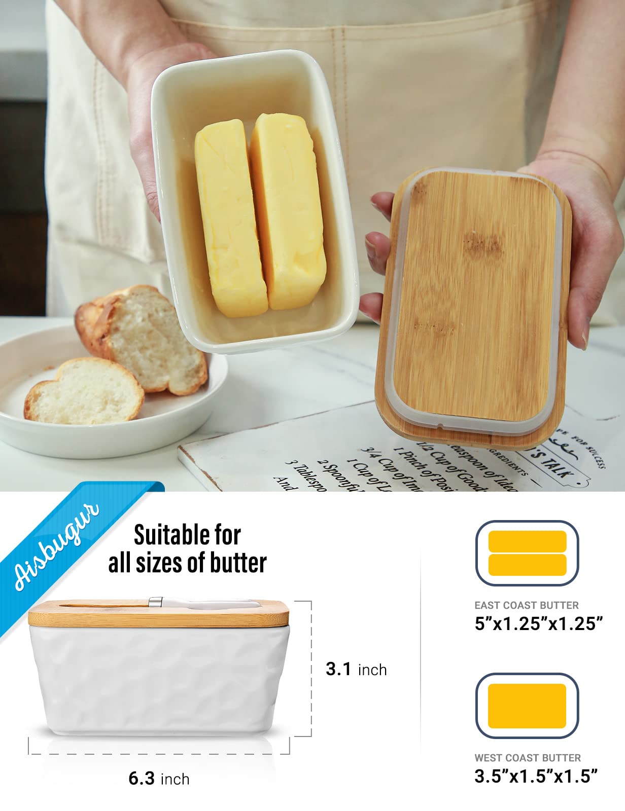 wtisan butter dish with knife in lid, easy spreading at hand