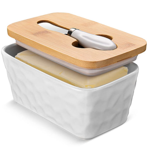 wtisan butter dish with lid on counter, farmhouse style and generous capacity