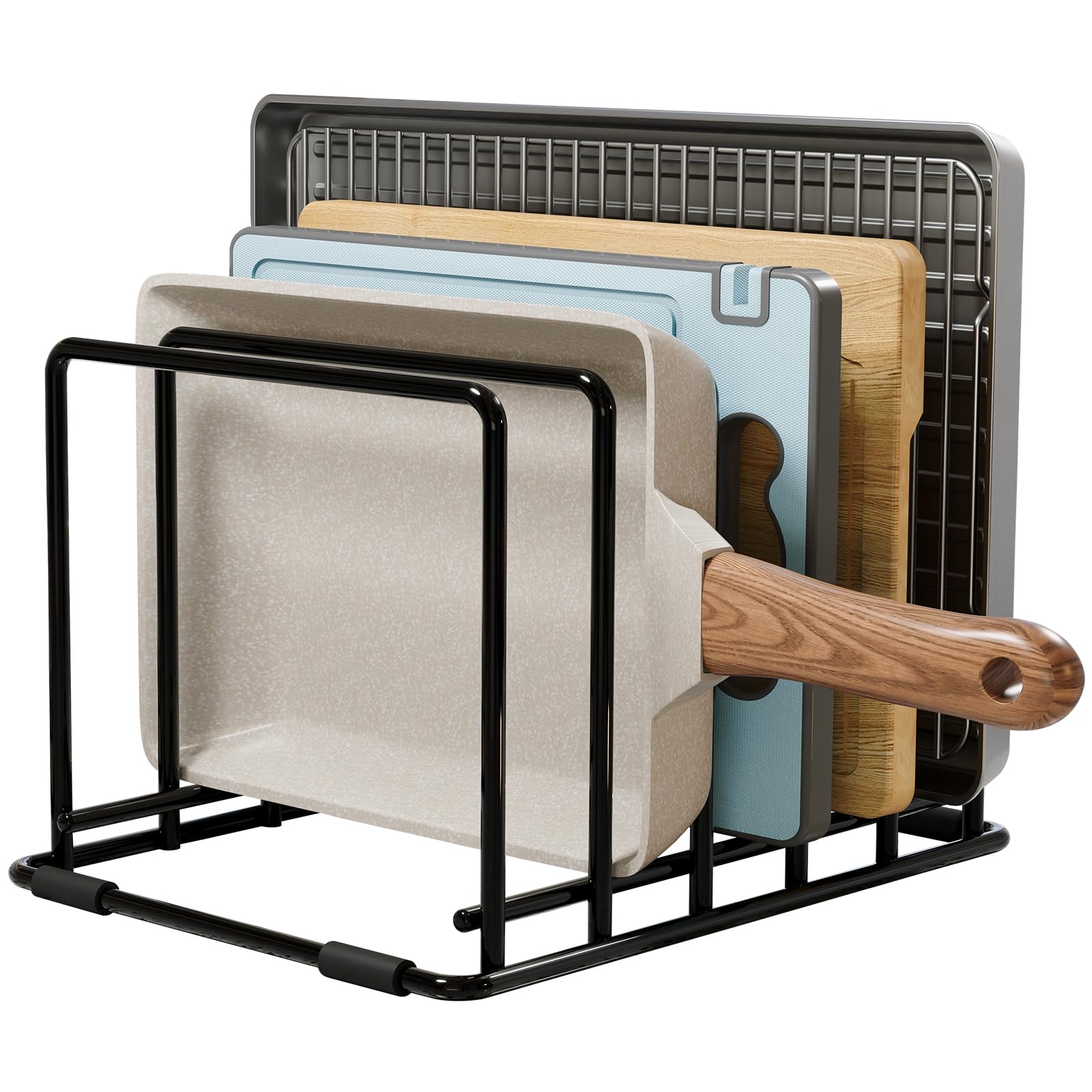 WUGEUSCH 5-slot pan organizer shown holding slim pans to declutter the counter.