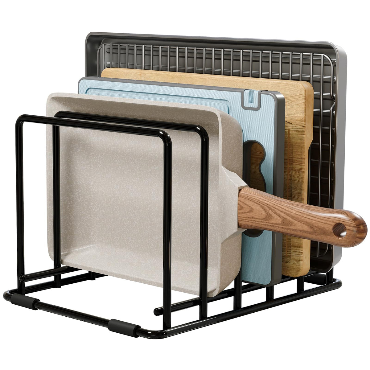 WUGEUSCH 5-slot pan organizer shown holding slim pans to declutter the counter.