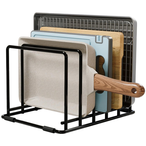 WUGEUSCH 5-slot pan organizer shown holding slim pans to declutter the counter.