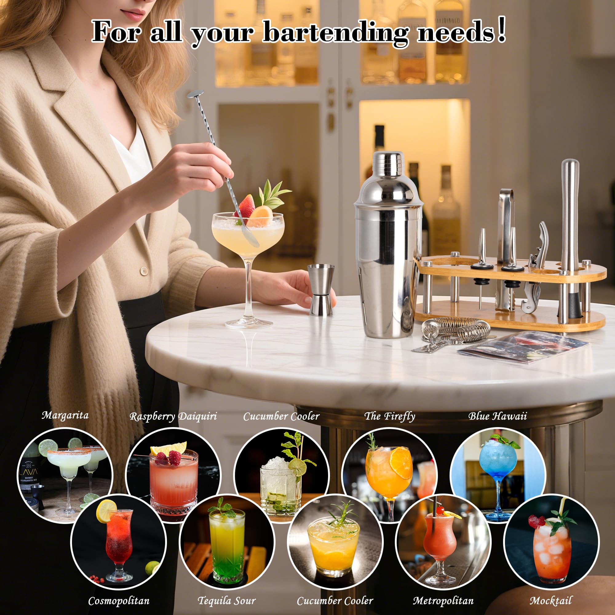 Wukuna bamboo stand keeps bar tools organized and visually appealing.