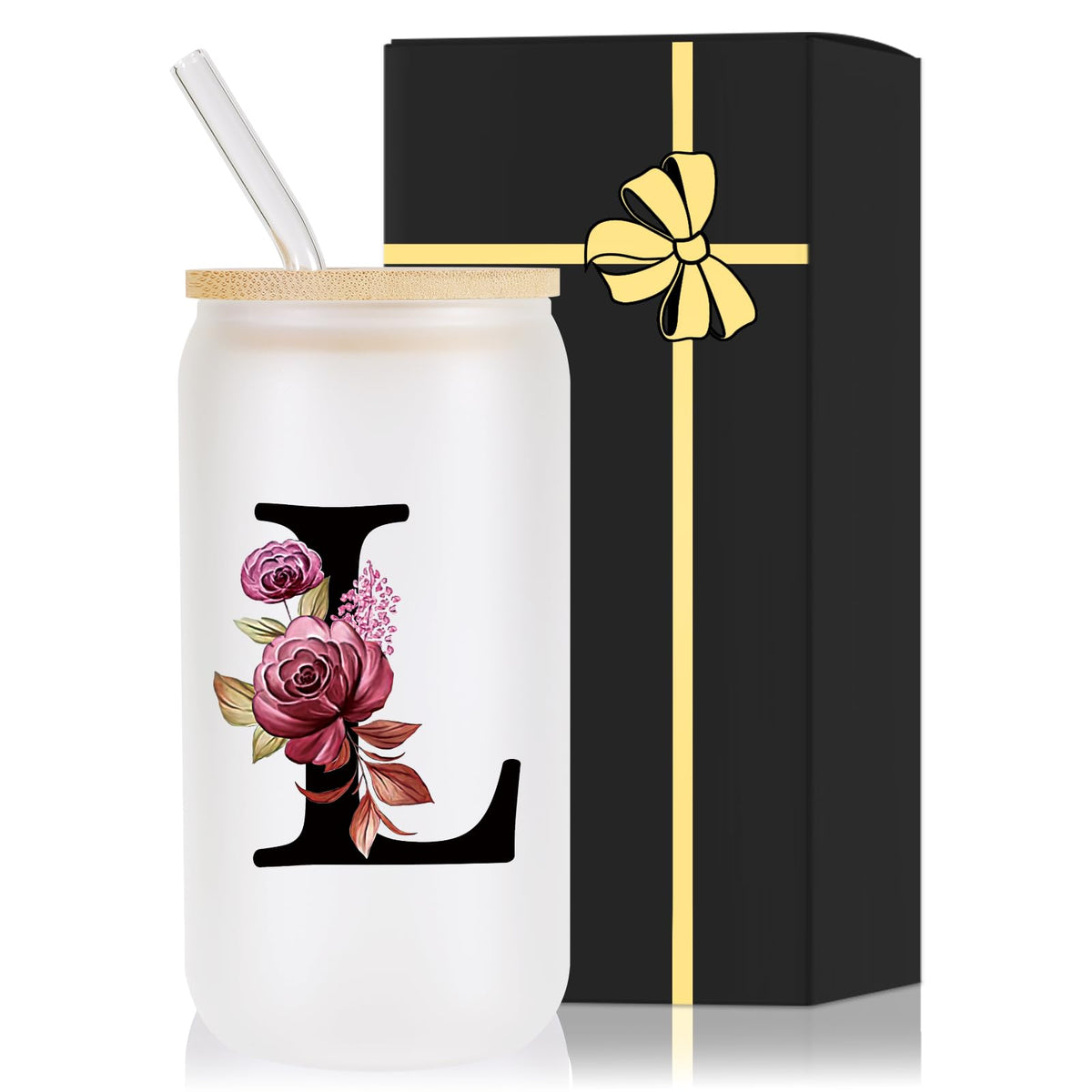 Wulcea monogrammed glass cup with lid and straw for personalized style on every sip