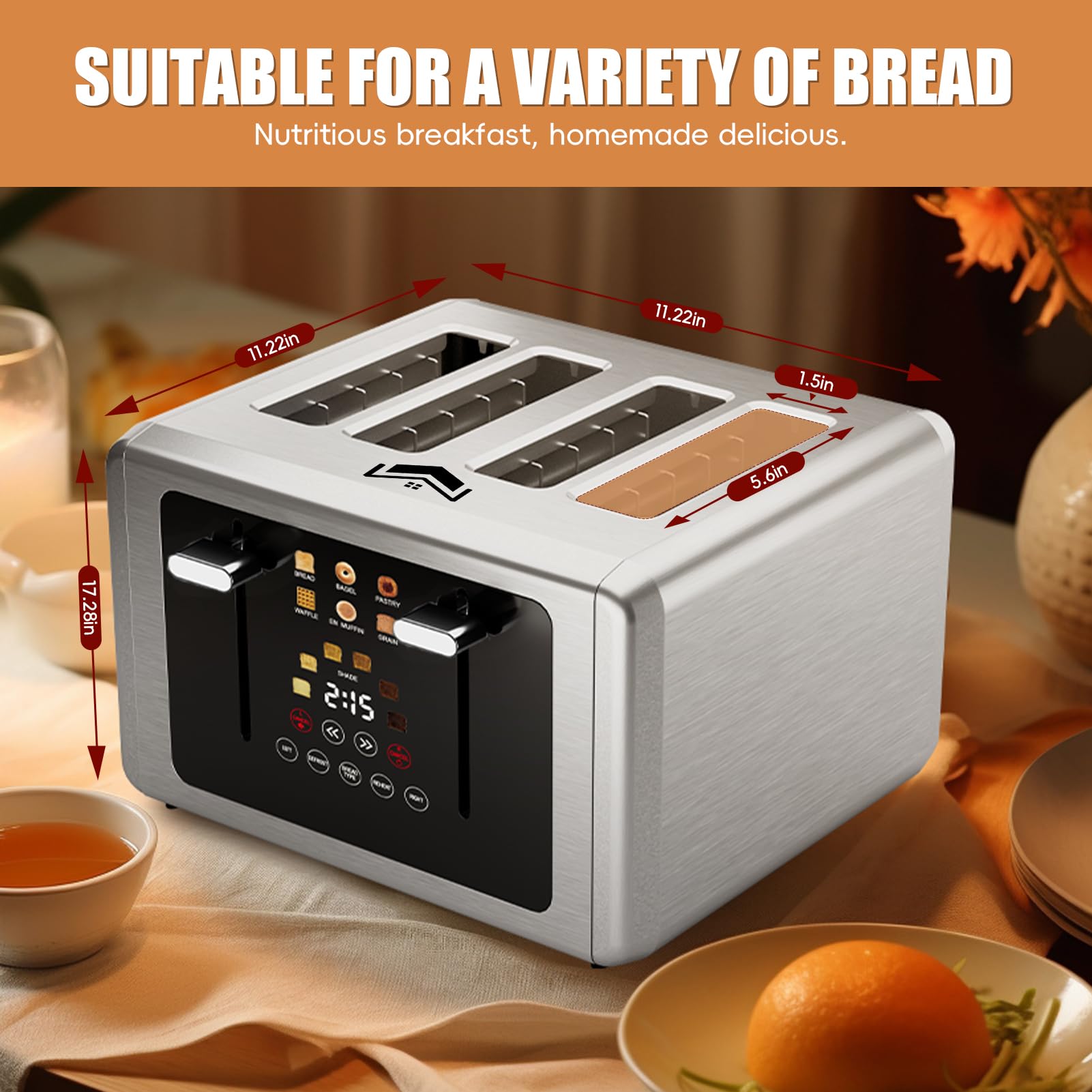 WUNLY 4-Slice Toaster supports 6 bread types for varied breakfasts.