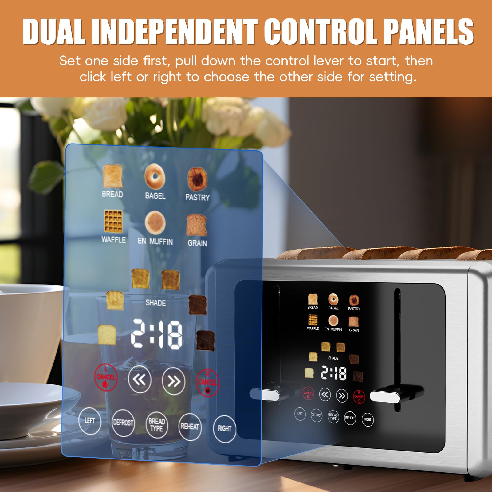 WUNLY 4-Slice Toaster dual-control panel enables independent browning on each pair.
