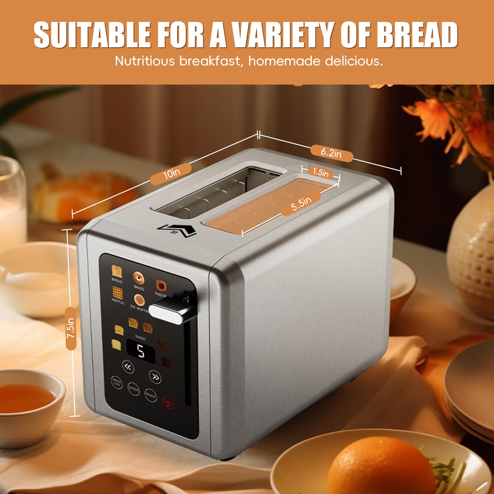 WUNLY extra-wide slots fit thick bread and bagels