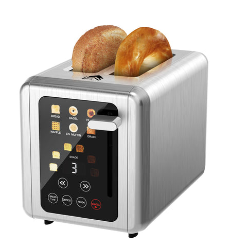 WUNLY touchscreen toaster front view in stainless steel, ideal for quick weekday breakfasts.