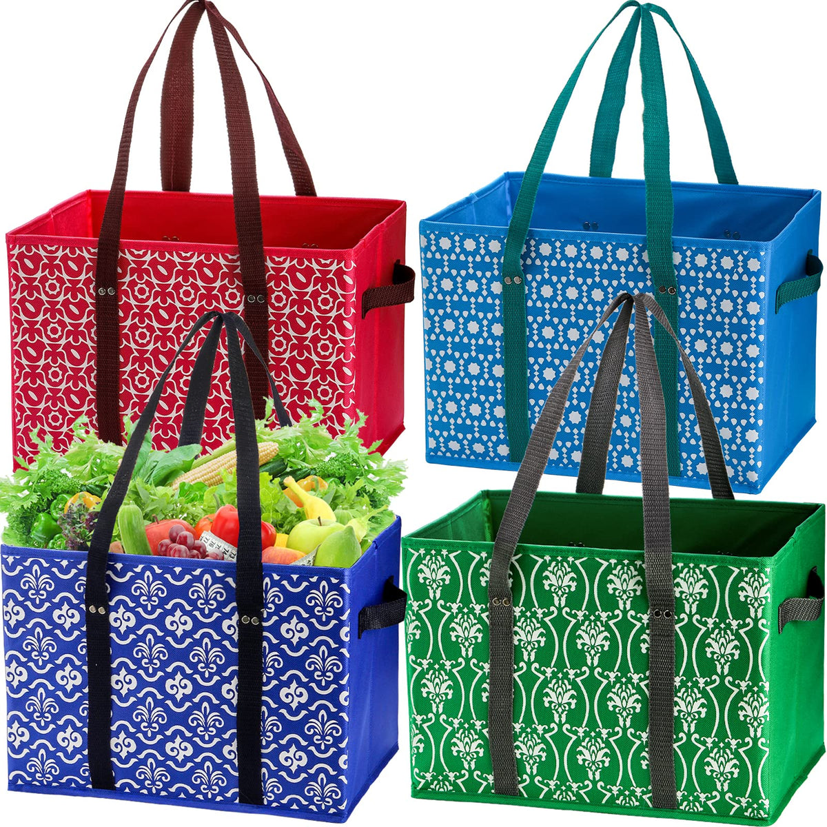 WUWEOT four-pack reusable grocery bags in assorted colors for daily shopping and storage