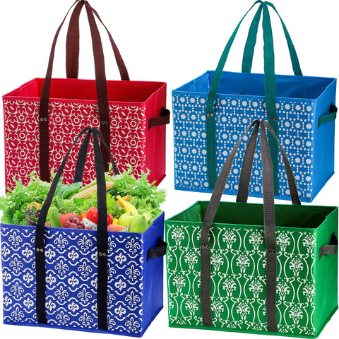 WUWEOT four-pack reusable grocery bags in assorted colors for daily shopping and storage