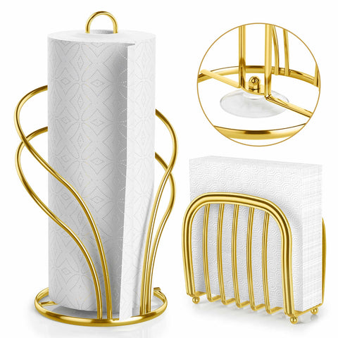 Wuwrll paper towel holder on countertop in gold for easy one-handed tearing.