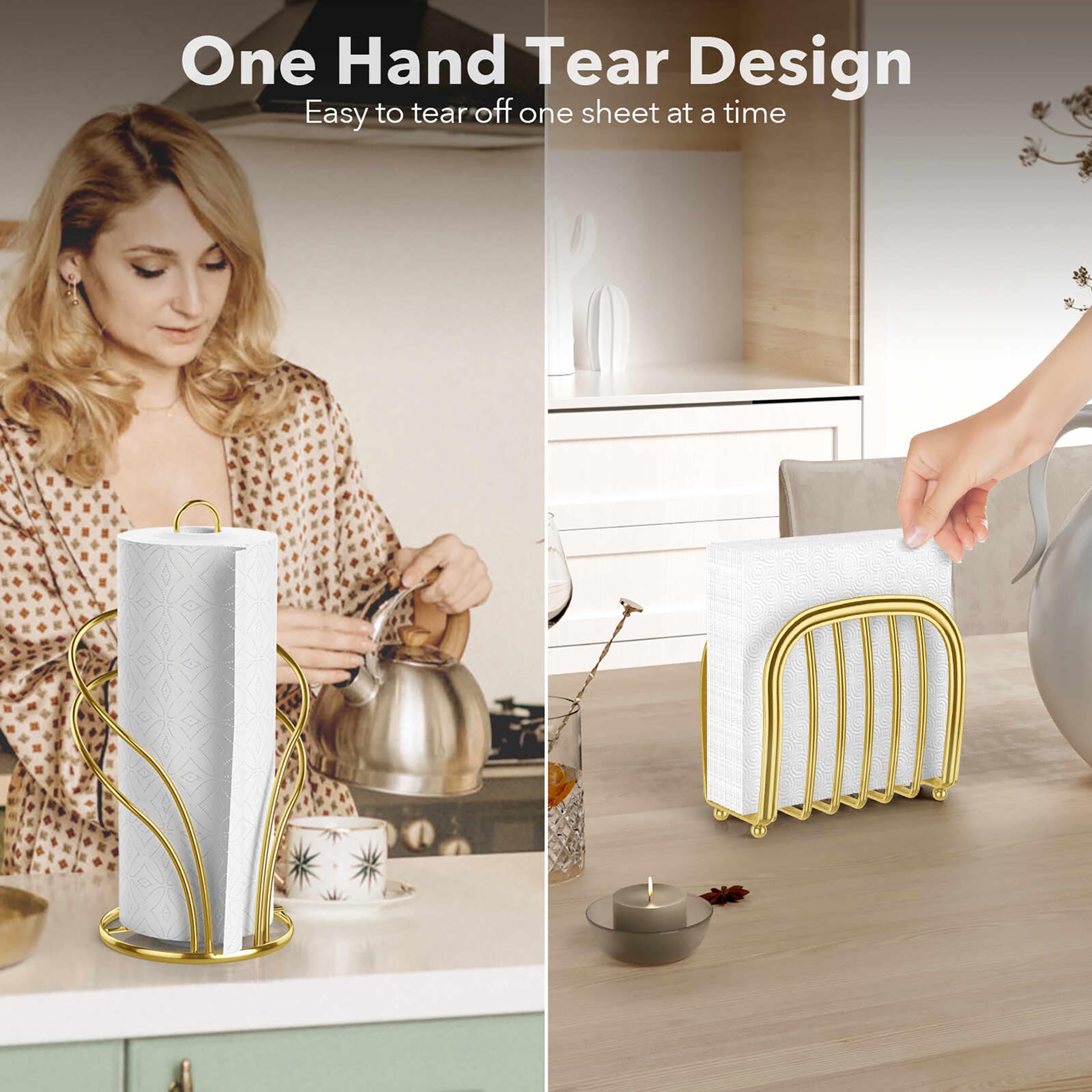 Wuwrll standing paper towel holder in gold with a stable base for busy kitchens.