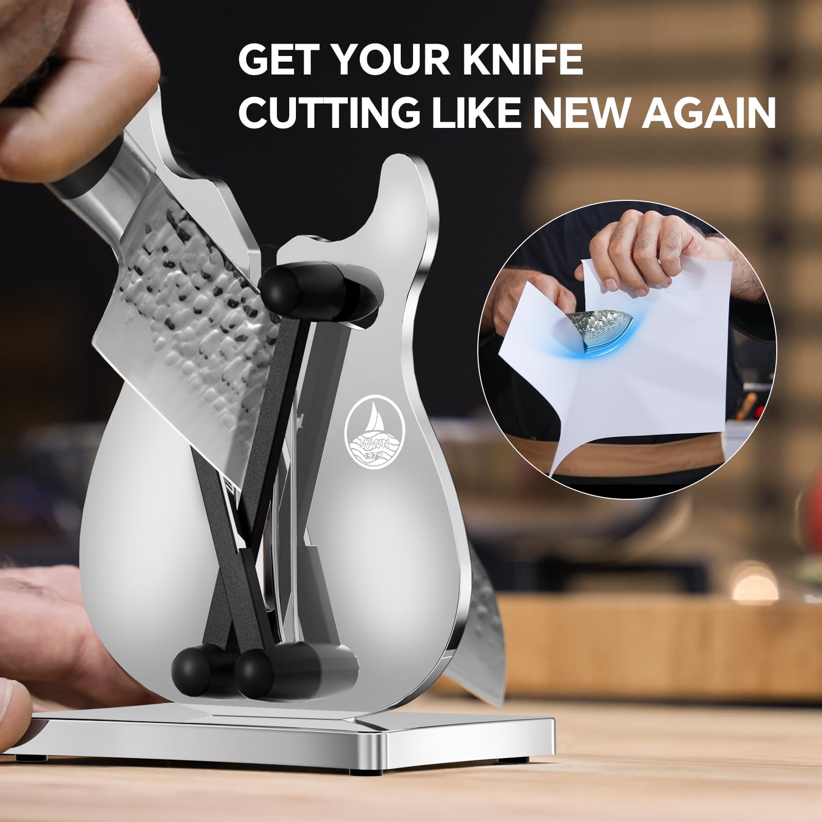 WWN sharpener demonstrates auto-adjusting angle for consistent results