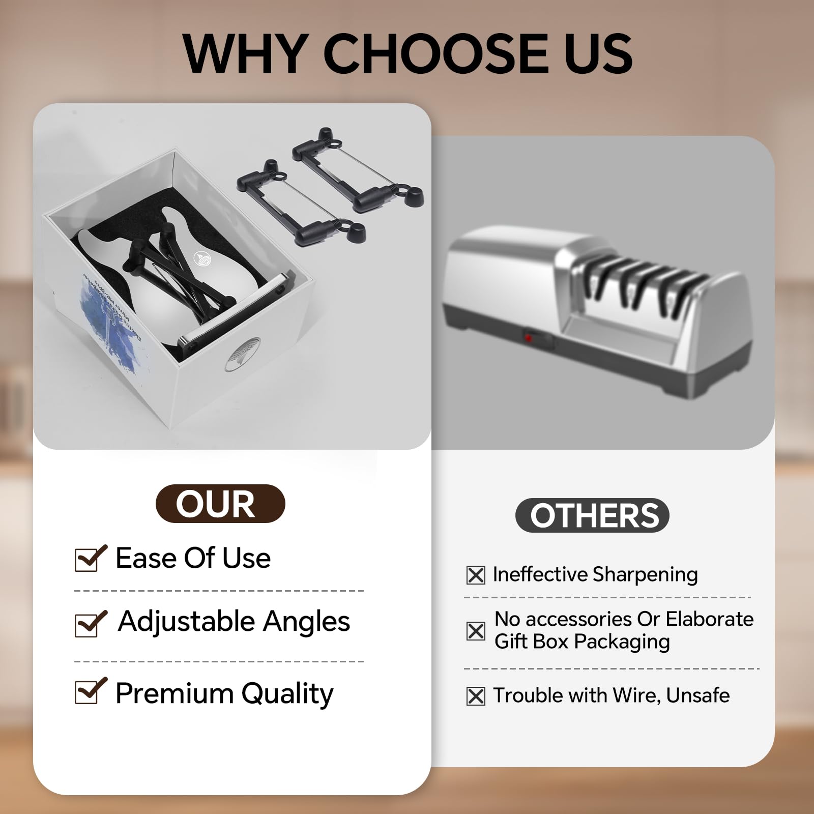 WWN sharpener ergonomic base provides stable, non-slip support on the counter